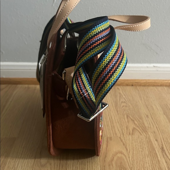 Consuela Brown Suede Floral Embroidered Crossbody with Striped Strap - Picture 4 of 7